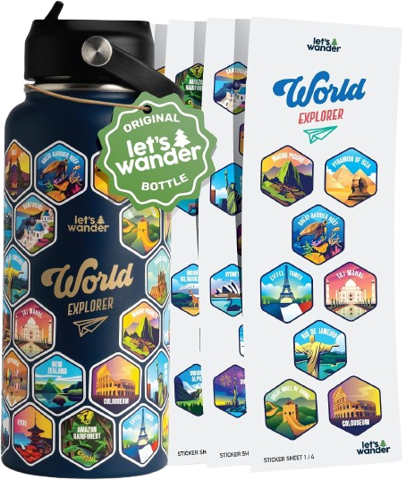 World Explorer Adventure blue Water Bottle with 50 Waterproof Stickers