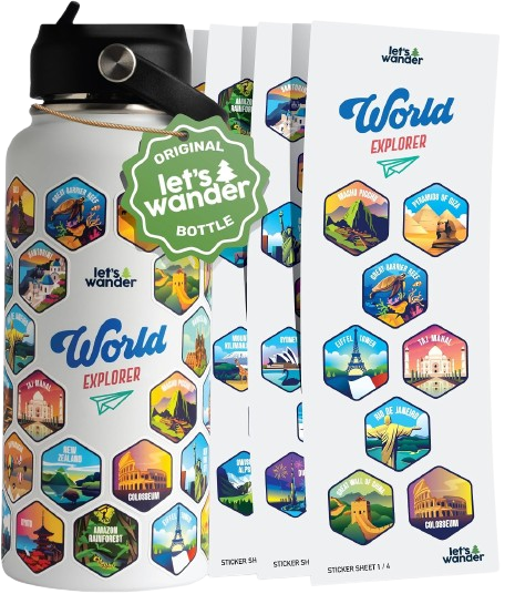 World Explorer Adventure white Water Bottle with 50 Waterproof Stickers