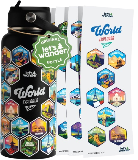 World Explorer Adventure black Water Bottle with 50 Waterproof Stickers