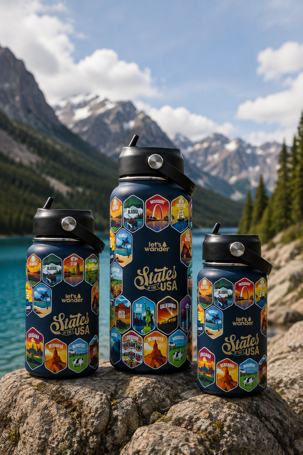 Three Let’s Wander States of the USA water bottles displayed on a rock with a mountain landscape in the background.