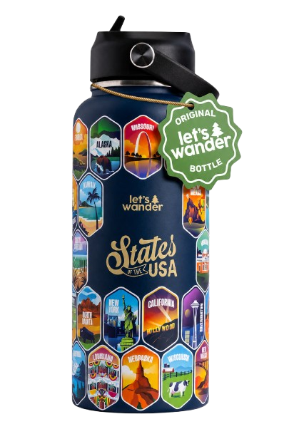 Let’s Wander States of the USA water bottle on a transparent background.